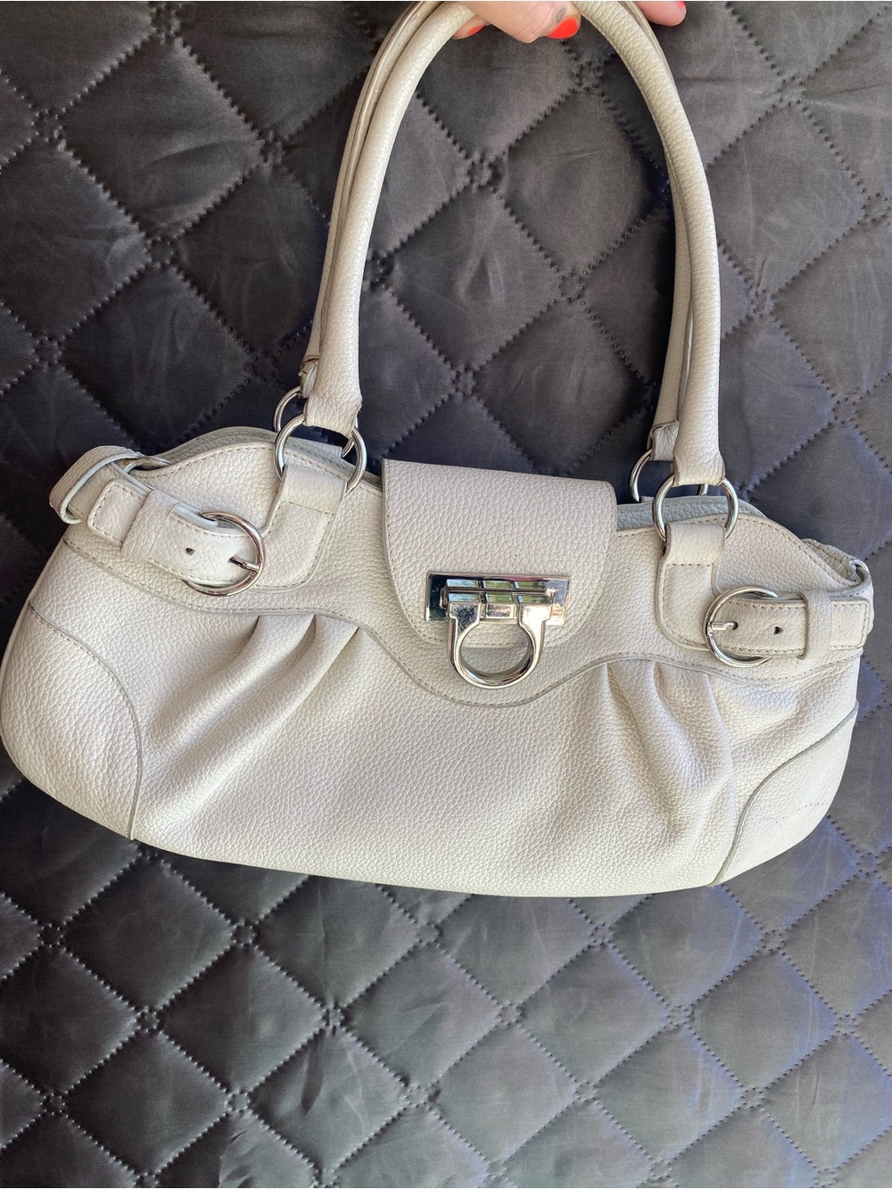CNKW Vintage Cream Grained Leather Shoulder Bag - Y2K Boho Hobo Clasp Purse